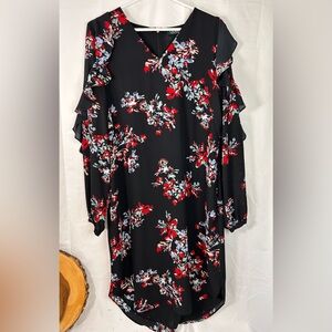 Lauren Ralph Lauren black floral long‎ sleeve shift dress with ruffles Size 10